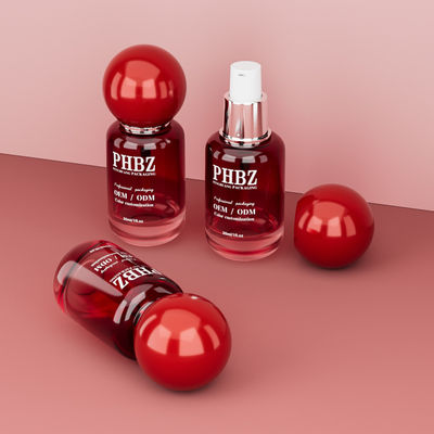 30ml / 1oz 空の赤グラデーションガラス製コスメティックセラムボトル（丸型ボールキャップ付き）、ローション・エッセンシャルオイル用カスタムカラーOEM ODMスキンケアパッケージ