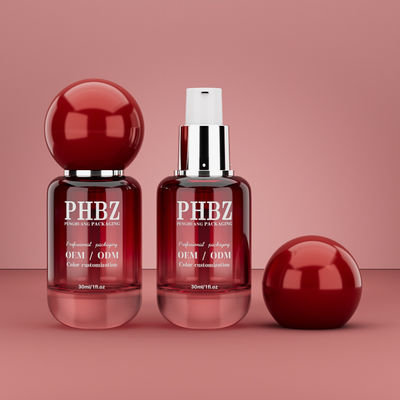 30ml / 1oz 空の赤グラデーションガラス製コスメティックセラムボトル（丸型ボールキャップ付き）、ローション・エッセンシャルオイル用カスタムカラーOEM ODMスキンケアパッケージ