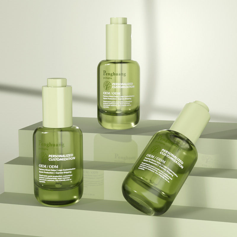 カスタムガラス血清点滴ボトル 30ml 緑色ヘアオイルガラスボトル プレス点滴器付き