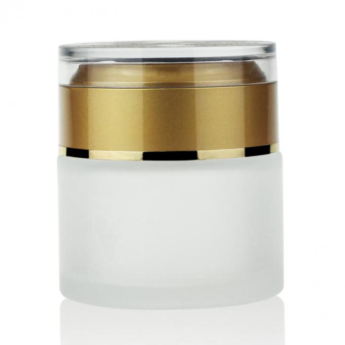 贅沢なアクリルの金のふたが付いている安い価格の曇らされたガラス クリーム色の容器の化粧品の瓶50g